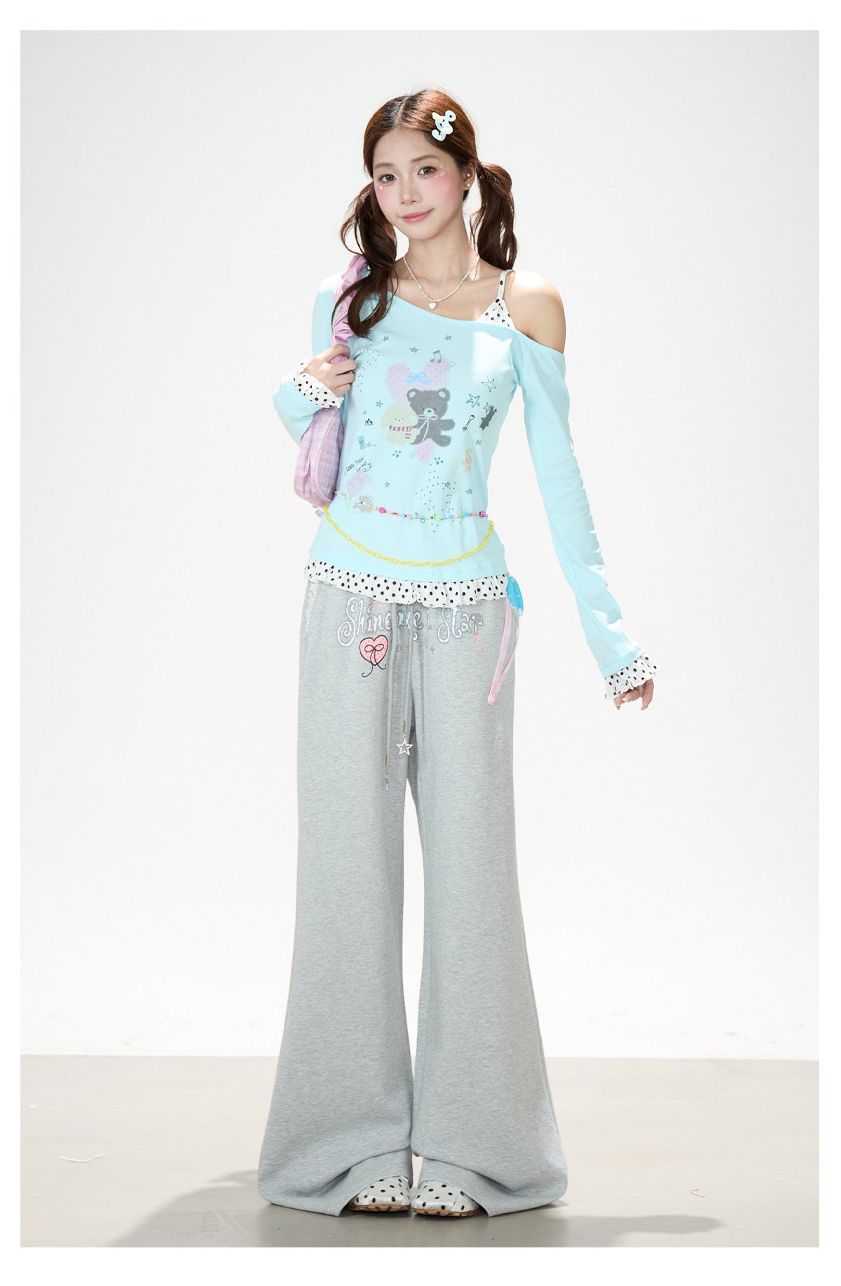Dreamy Cartoon Off-Shoulder Layered Long Sleeve Top & Polka Dot Wide-Leg Pants