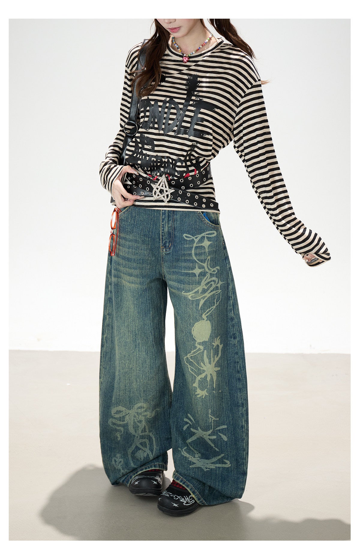 Distressed Striped Long Sleeve Top & Graphic Wide-Leg Pants