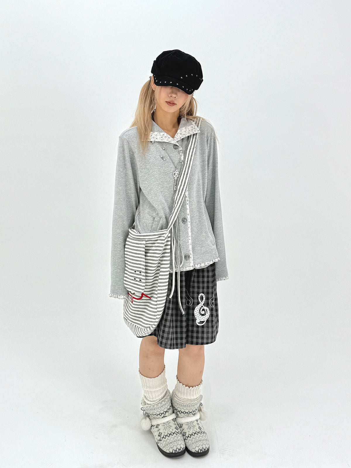 Floral-Trim Stand Collar Button Cardigan