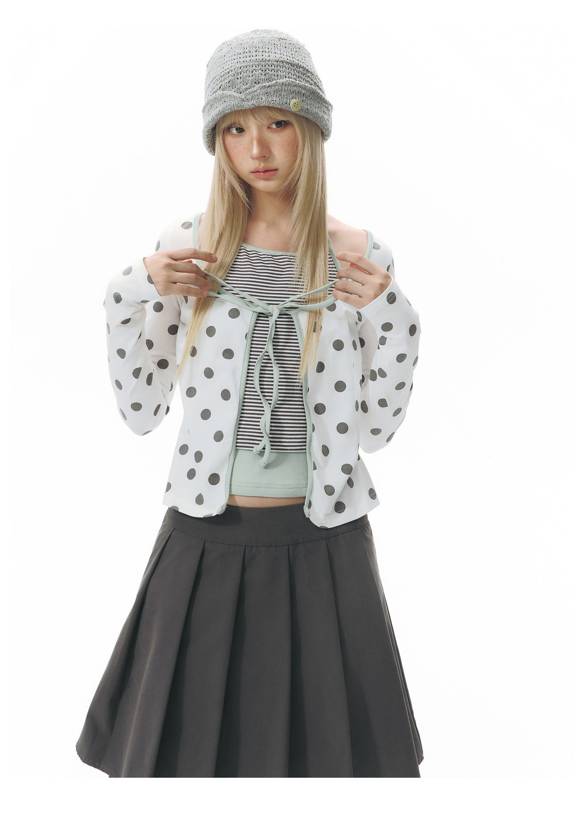 Polka Dot Tie-Front Layered Halter Long Sleeve Top