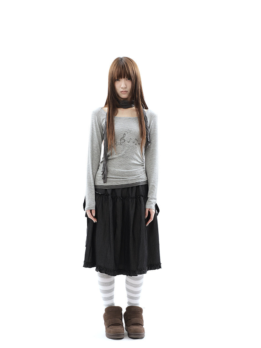 Music Note Striped Layered Long Sleeve Top with Scarf