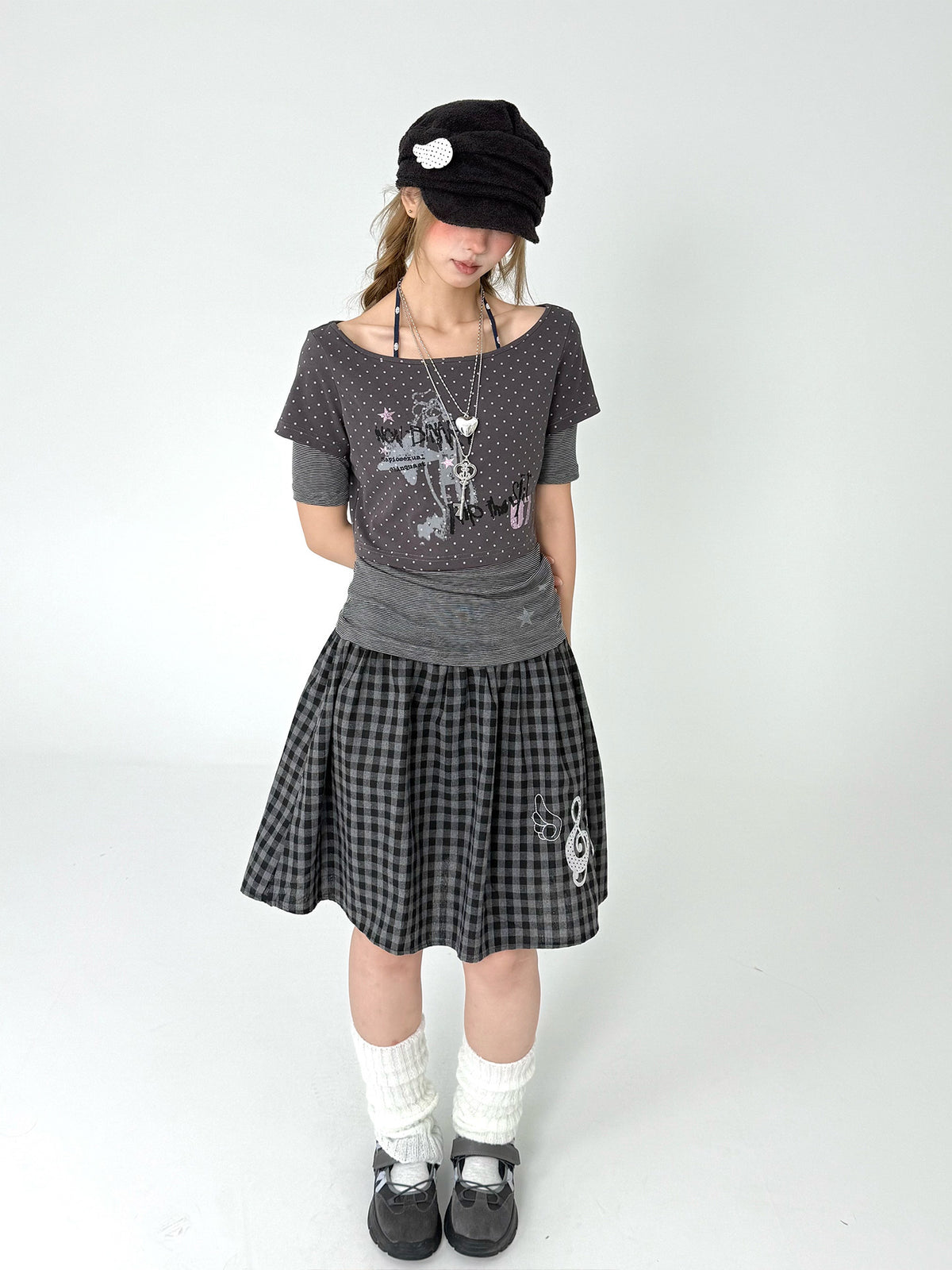 Pastel Anime Plaid Long Sleeve Top & Camo Lace-Trim Midi Skirt
