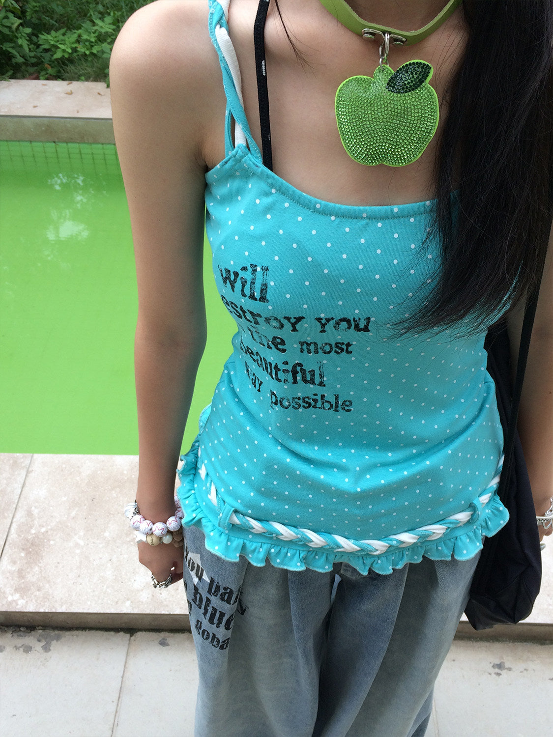 Aqua Polka Dot Braided Ruffle Tank Top