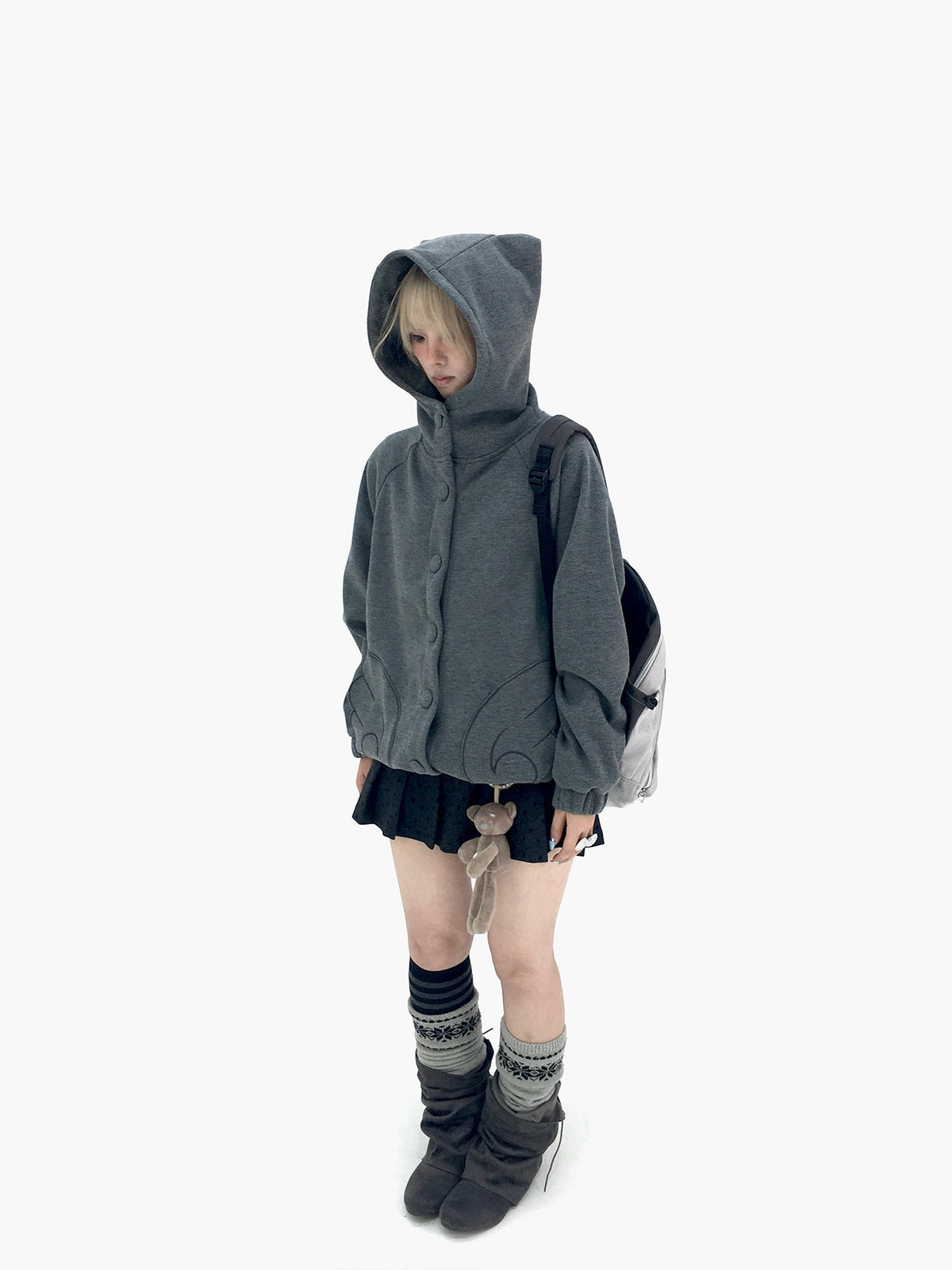 Cloud Gray Cat Ear Wing Pocket Hooded Jacket