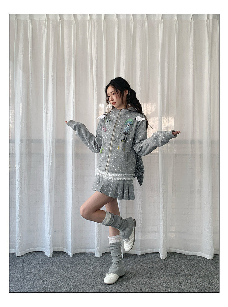 Polka Dot Devil-Horn Cartoon Girl Zip Hoodie
