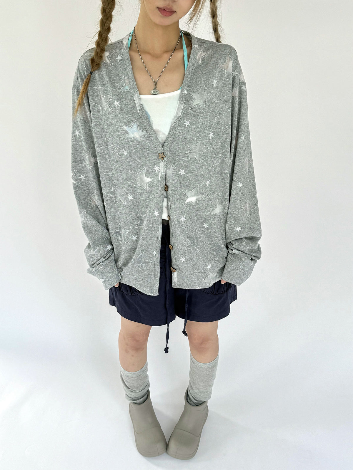 Star Print Lightweight V-Neck Cardigan