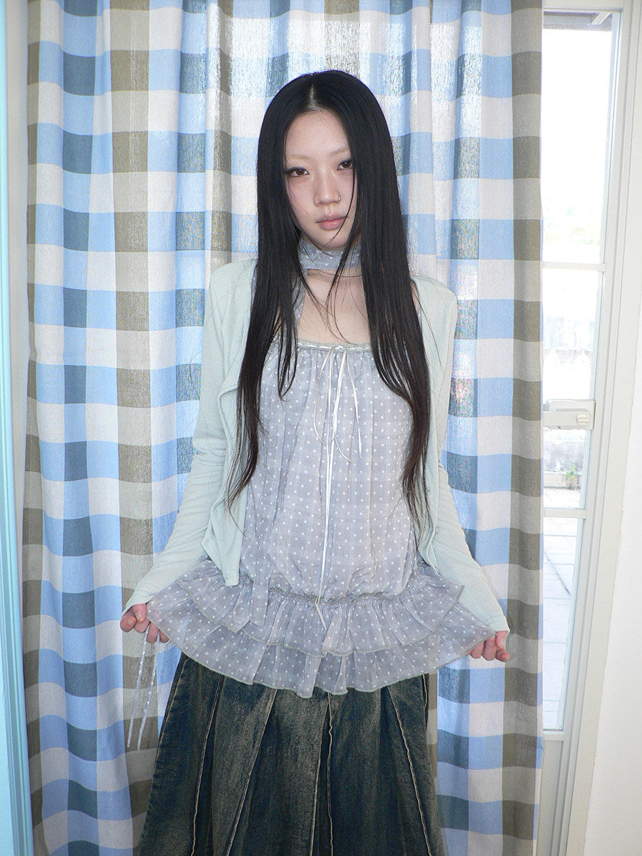 Polka Dot Ruffle Camisole & Cardigan Set with Scarf