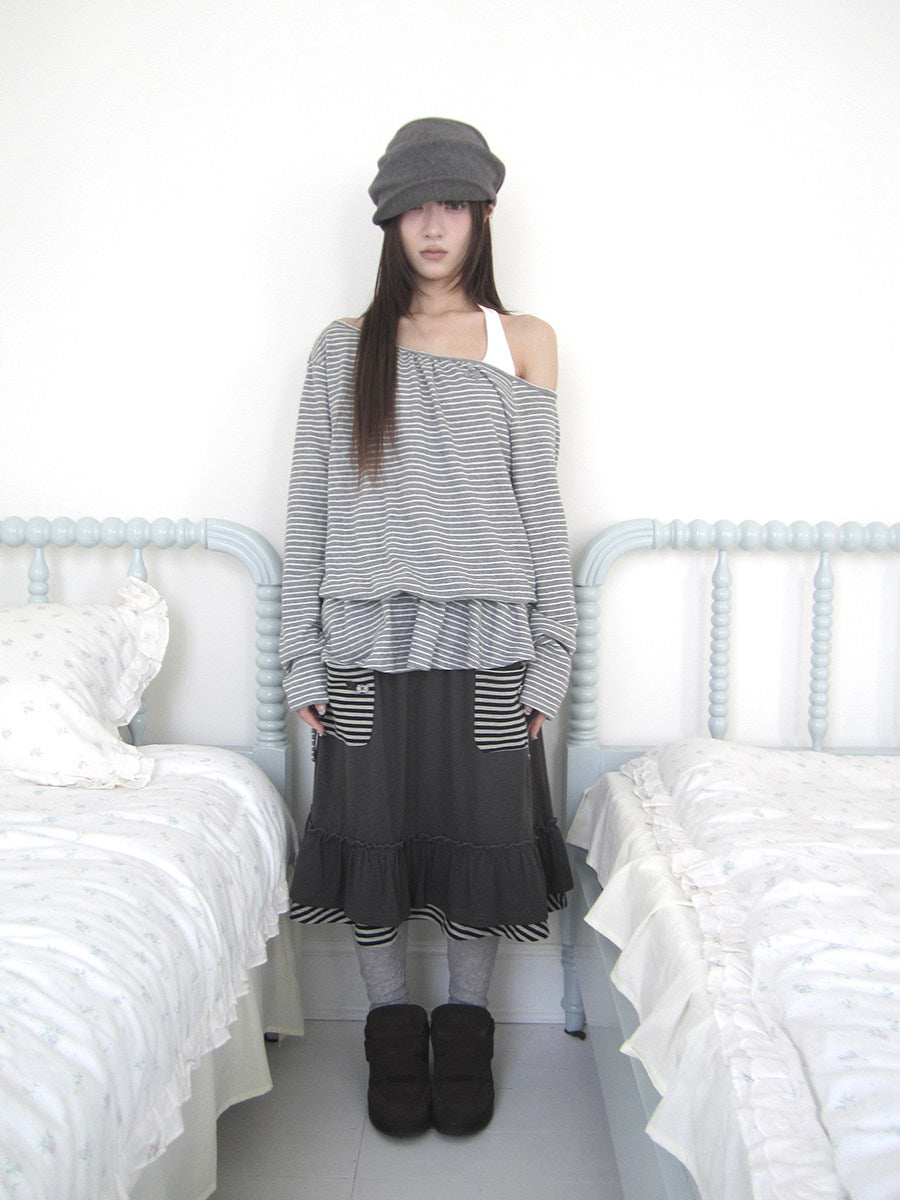 Striped Off-Shoulder Ruffle Layered Long Sleeve Top