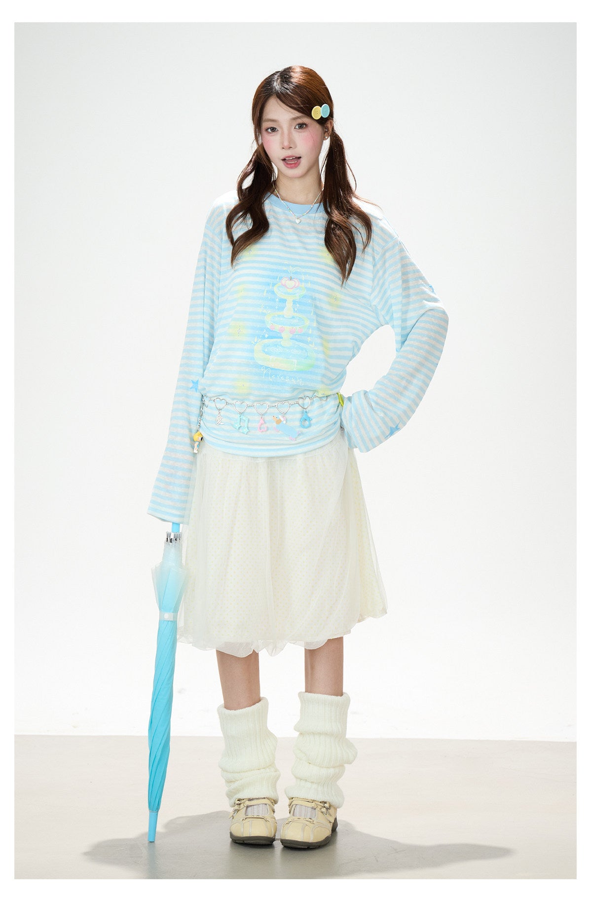 Pastel Stripe Cartoon Drawstring Long Sleeve Top & Khaki Wide-Leg Pants