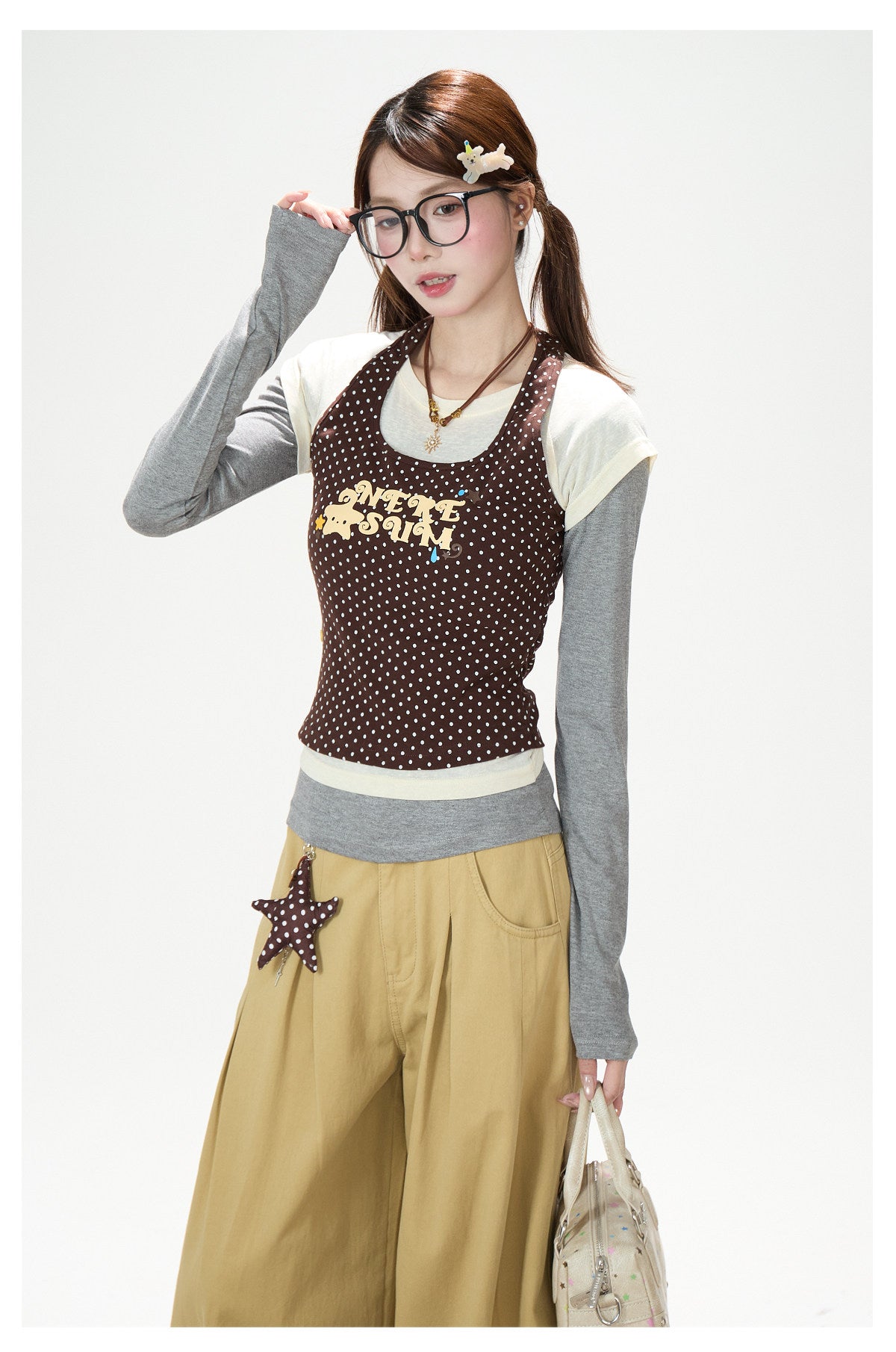 Coffee Polka-Dot Layered Long Sleeve Top
