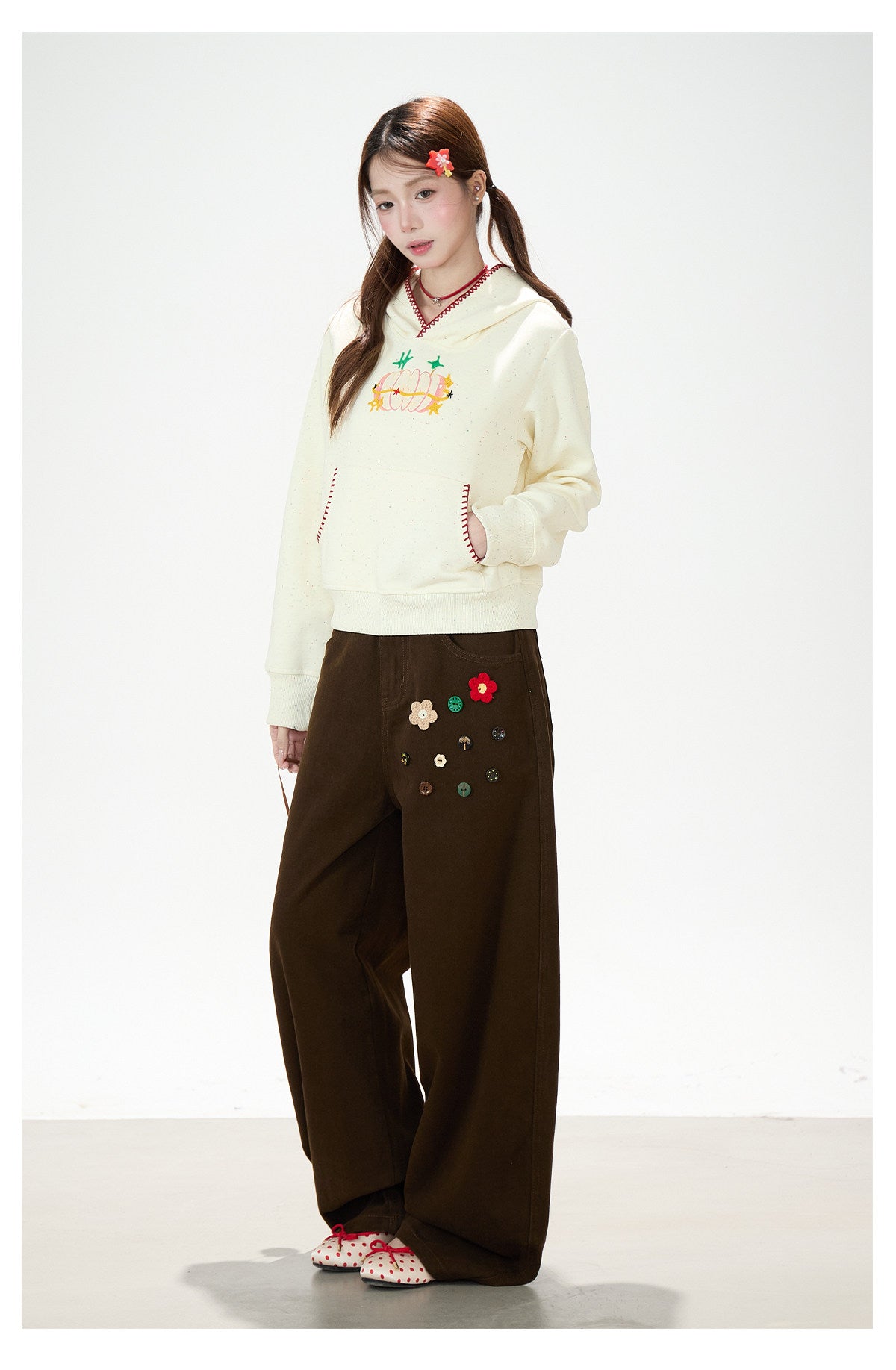 Apple Embroidered Hoodie & Floral Wide-Leg Sweatpants