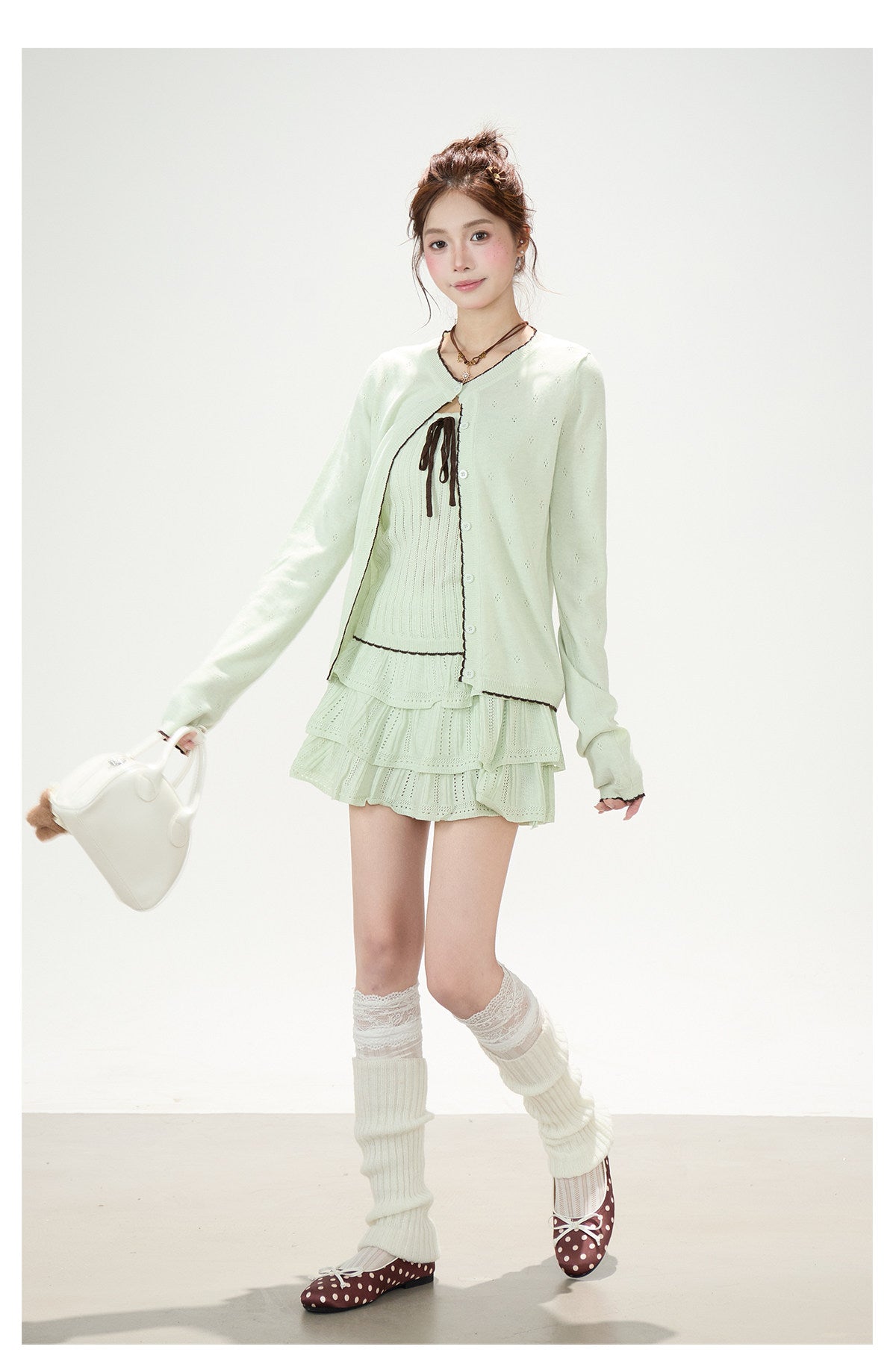 Pointelle Bow Cardigan & Cami Knit Set & Tiered Ruffle Mini Skirt