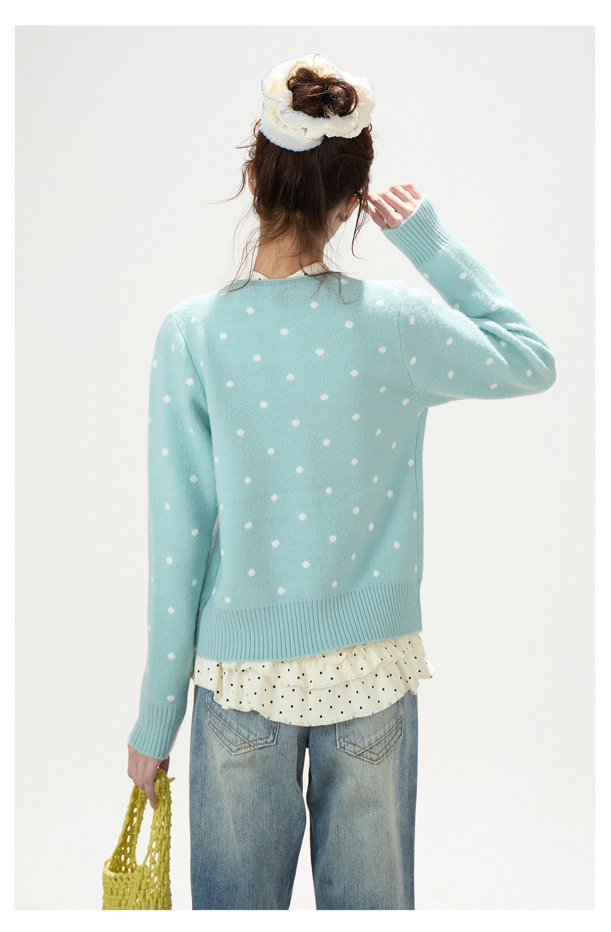 Polka-Dot Jacquard Knit Cardigan & Washed Flare Jeans