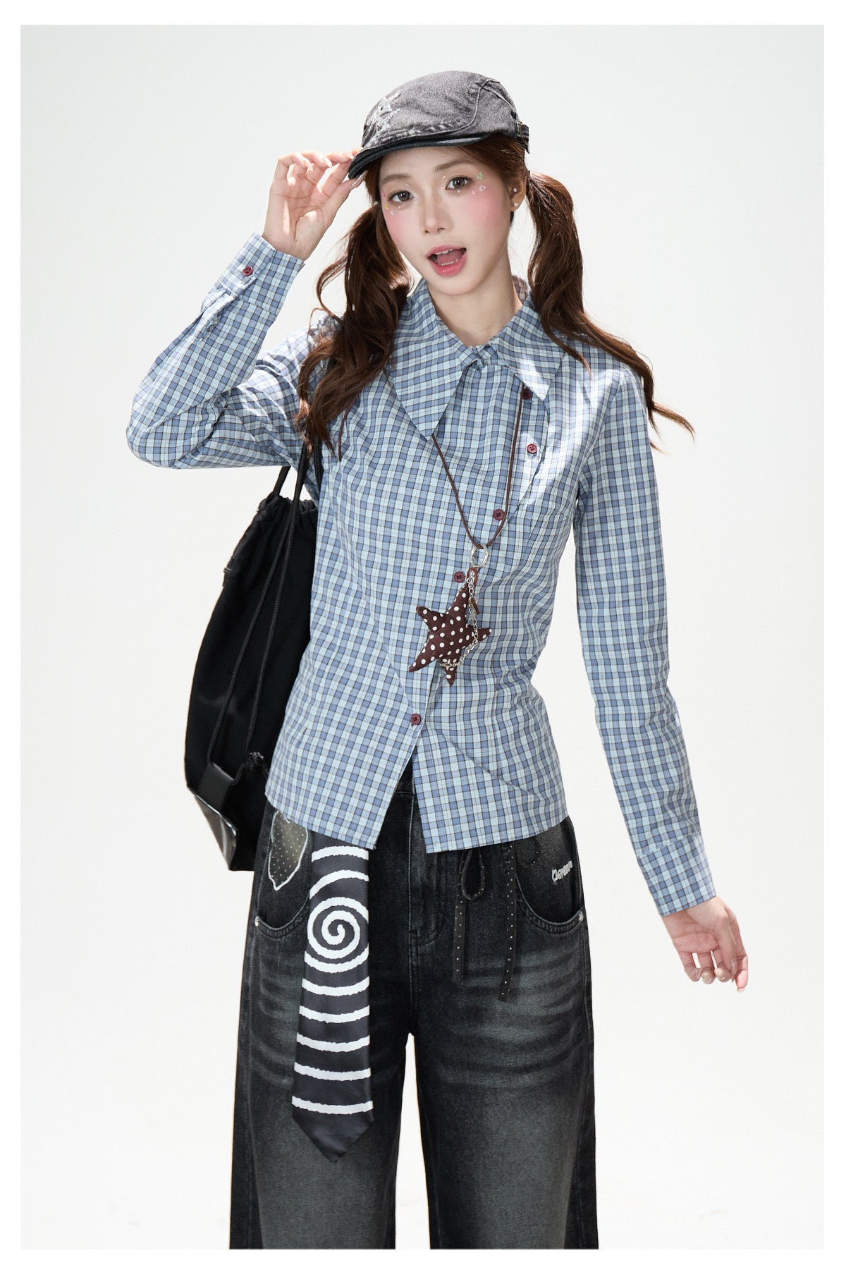 Blue Check Asymmetrical Shirt & Washed Wide-Leg Pants