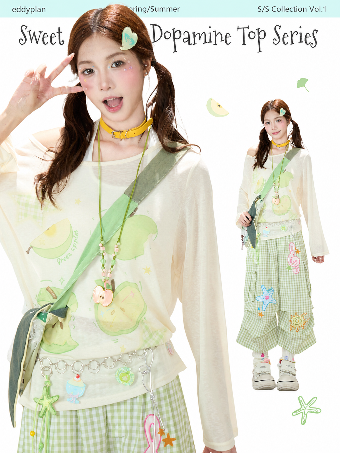 Green Apple Sheer Top & Plaid Doodle Pants