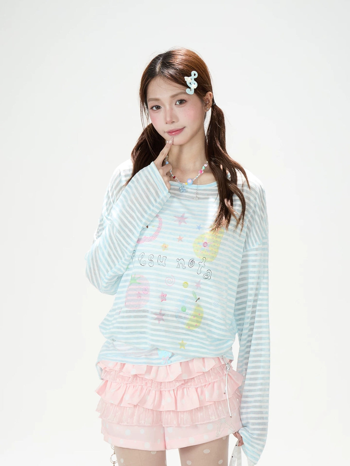 Playful Stripe Graphic Sheer Long Sleeve Top & Pink Wide-Leg Pants