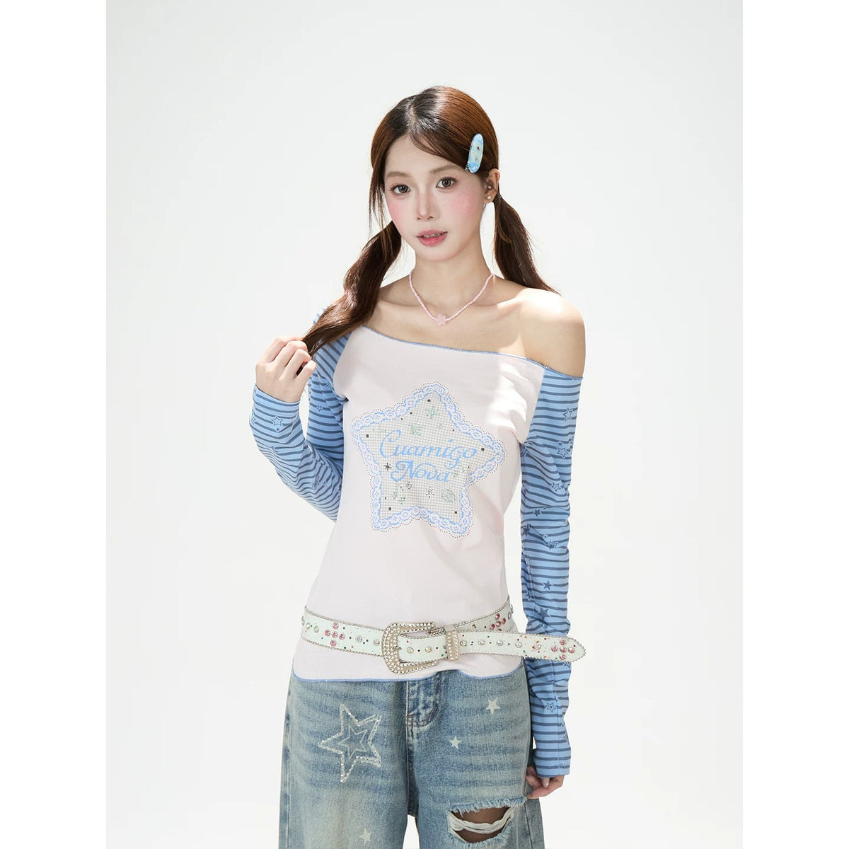 Star Stripe Off-Shoulder Long Sleeve Top & Graphic Star Wide-Leg Pants