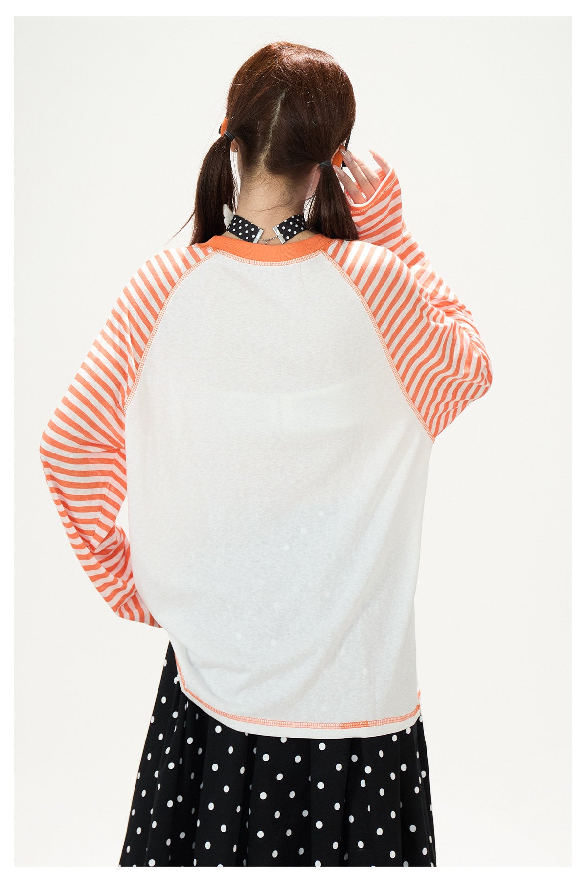 Cartoon Girl Stripe Raglan Long Sleeve Top & Black Polka-Dot Ruffle Skirt