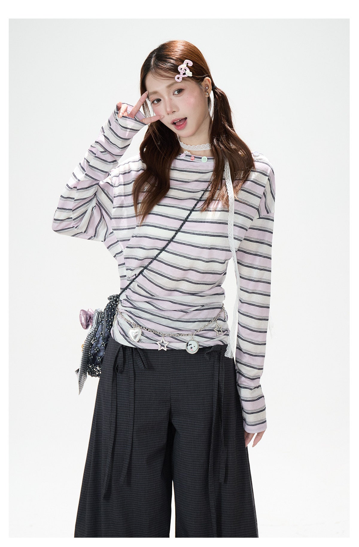 Striped Off-Shoulder Long Sleeve Top & Black Wide-Leg Pants