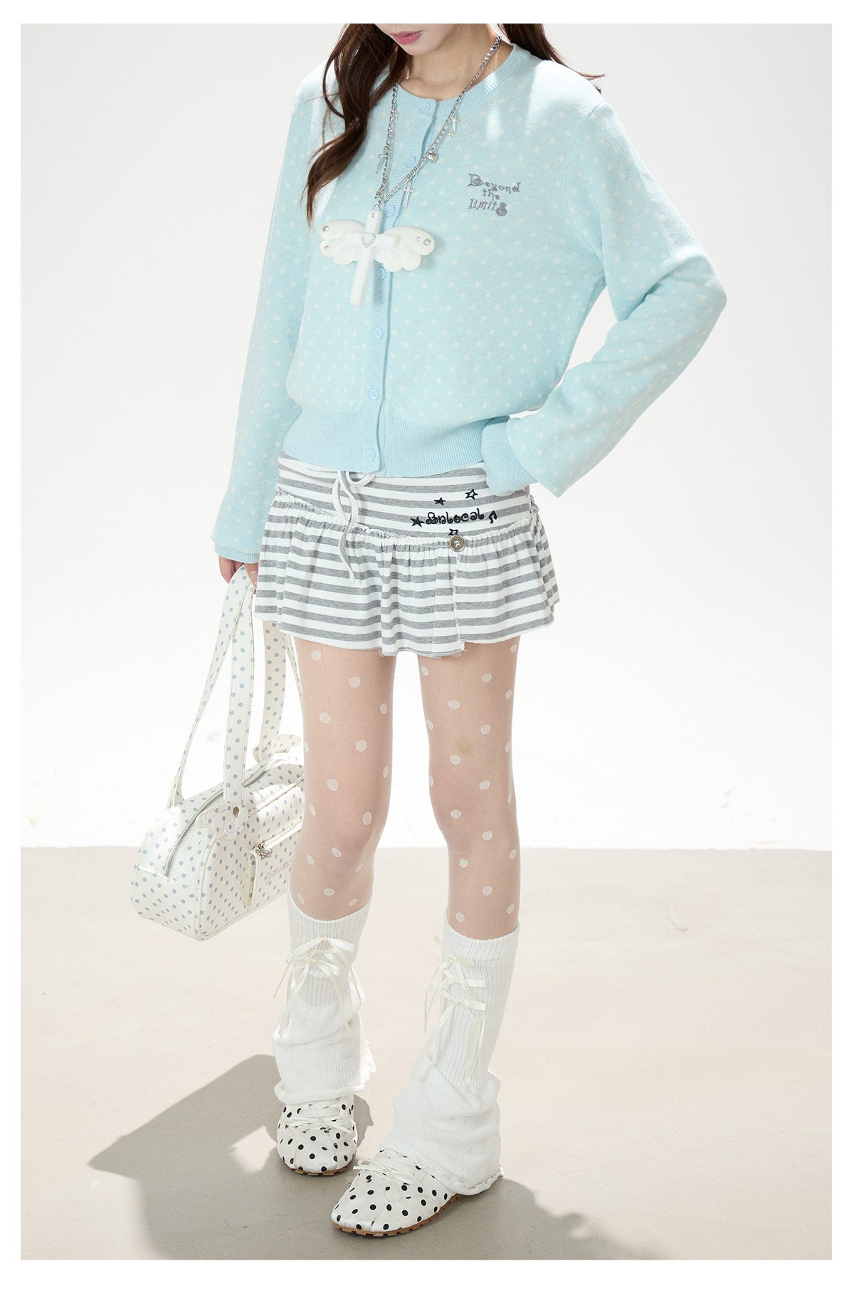 Polka-Dot Soft Knit Cardigan & Gray Mini Skirt