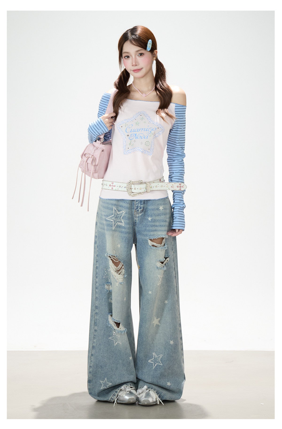 Star Stripe Off-Shoulder Long Sleeve Top & Graphic Star Wide-Leg Pants