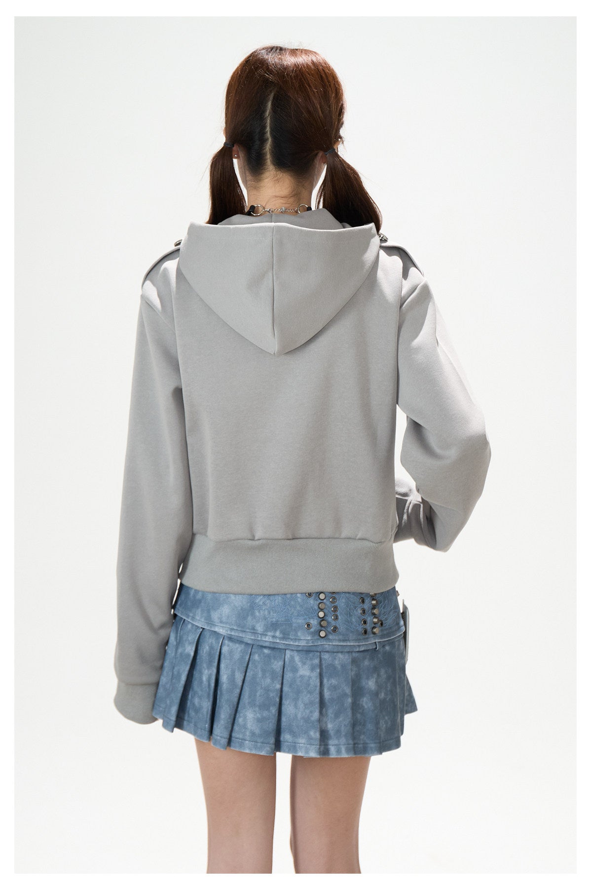 Utility Button Zip-Up Hoodie & Blue Pleated Mini Skirt
