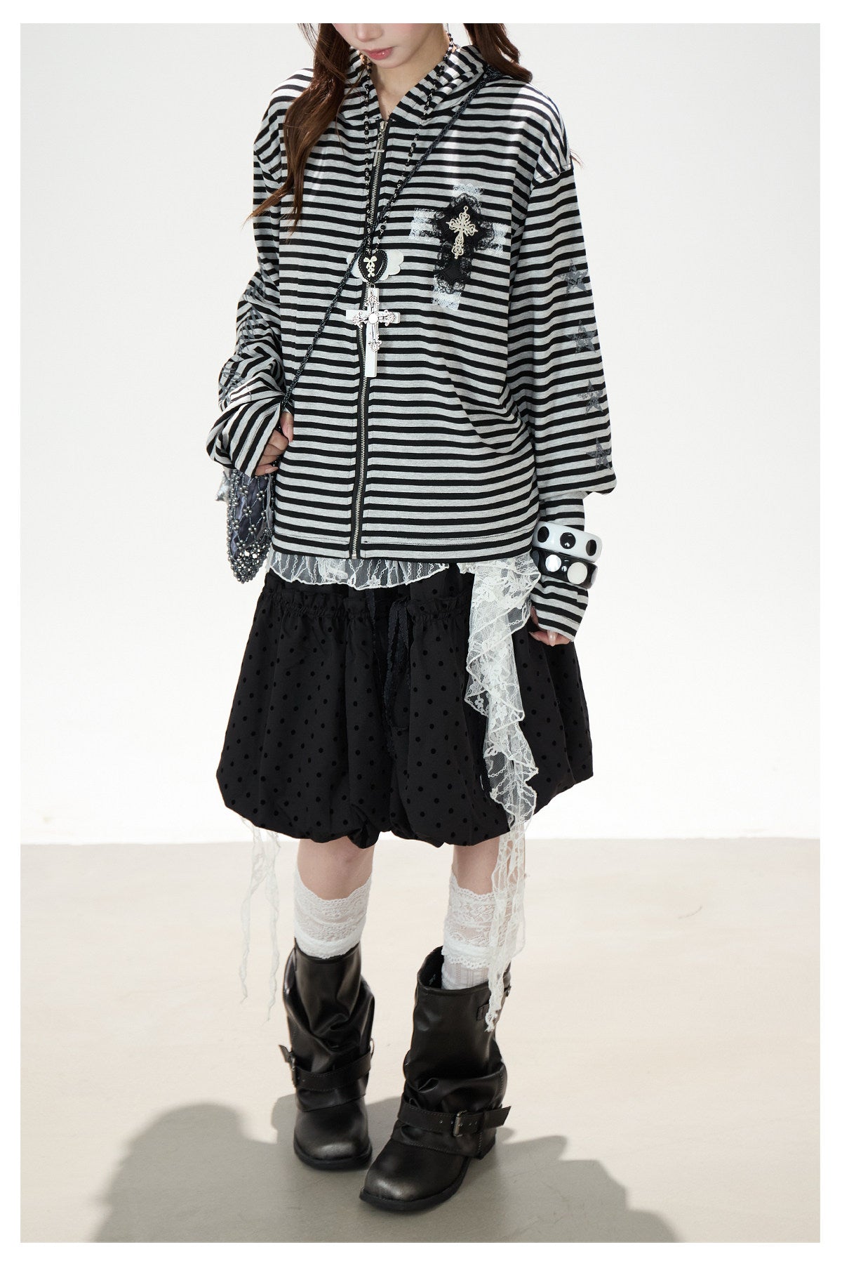 Lace Cross Stripe Zip-Up Hoodie & Black Polka-Dot Ruffle Midi Skirt