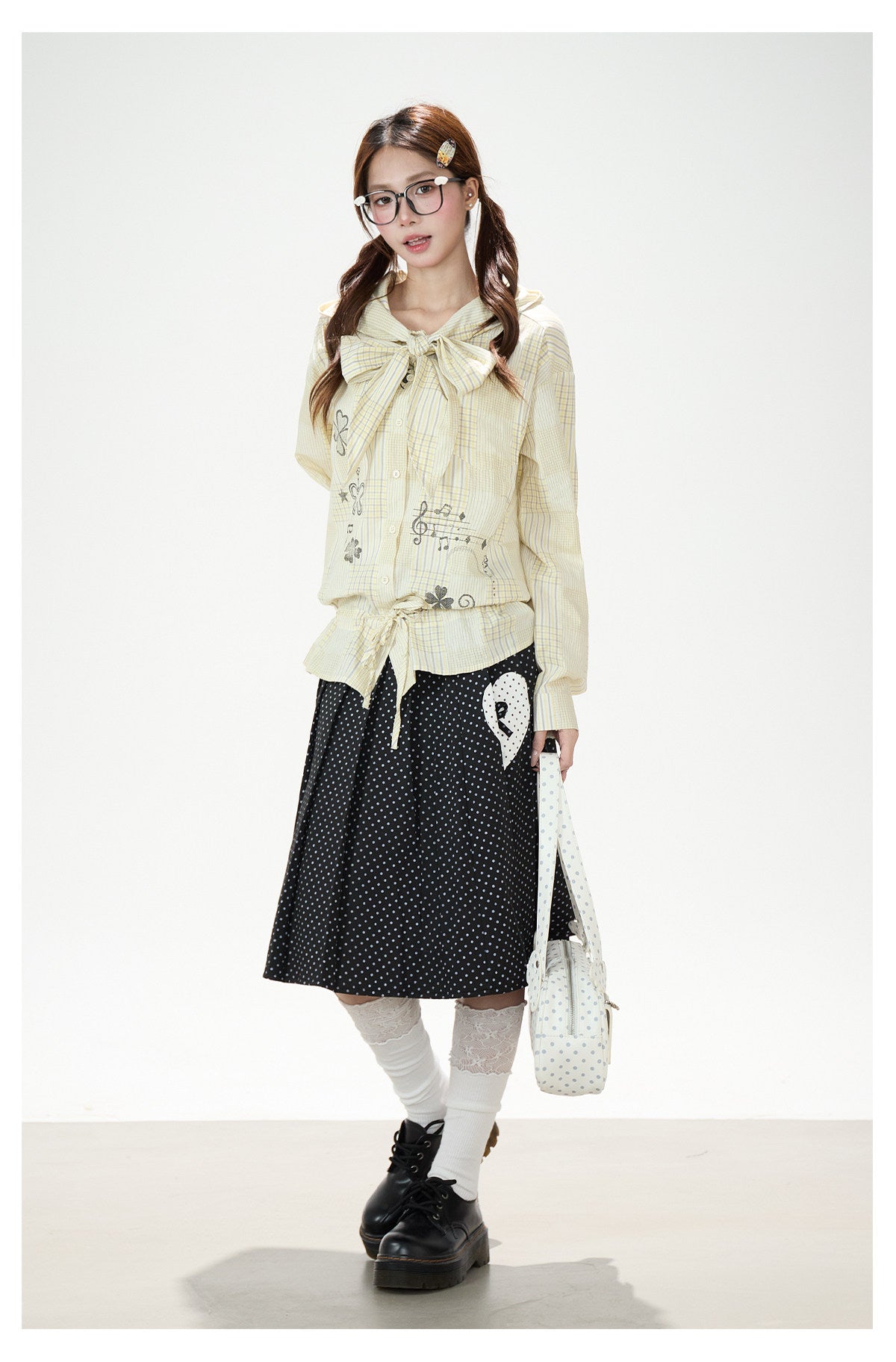 Plaid Hooded Long Sleeve Shirt & Black Polka-Dot Midi Skirt
