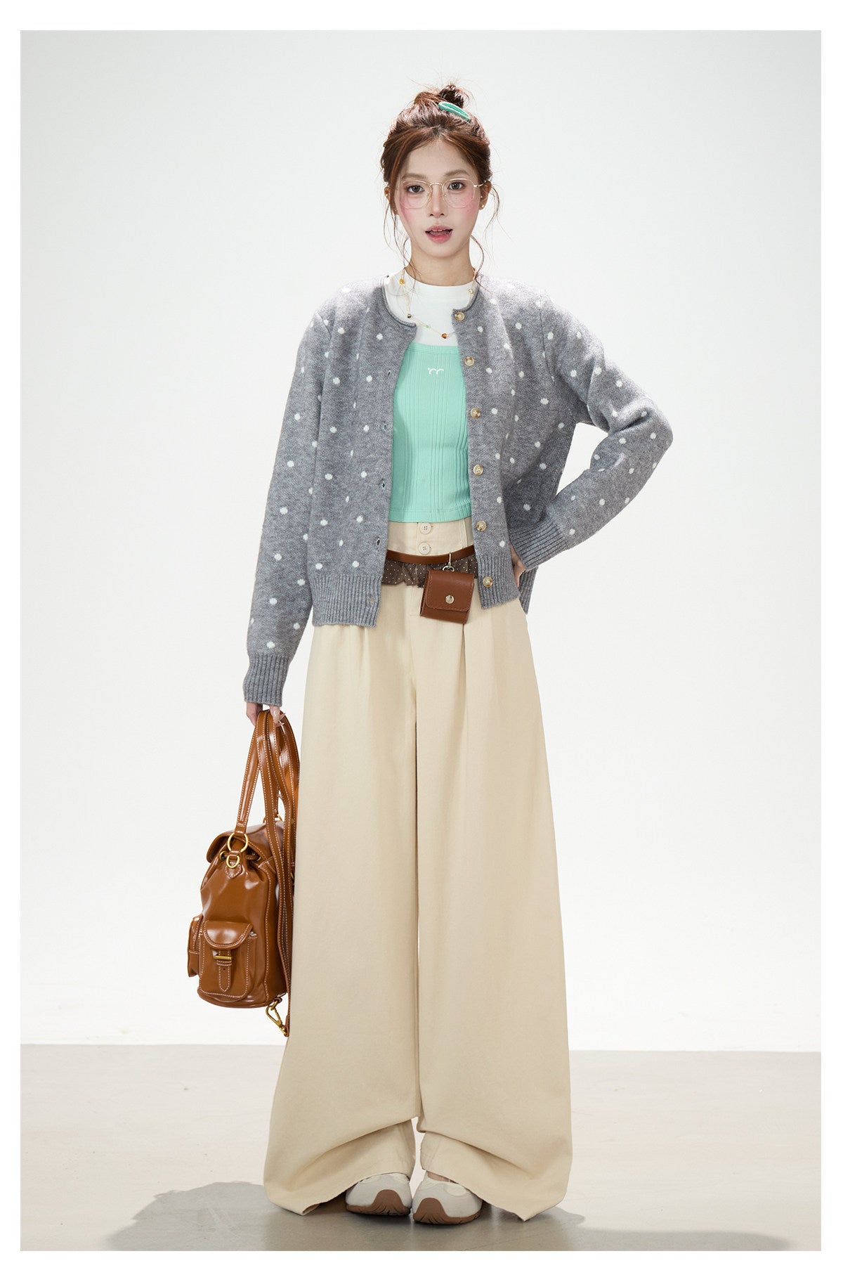 Polka-Dot Jacquard Knit Cardigan & Washed Flare Jeans