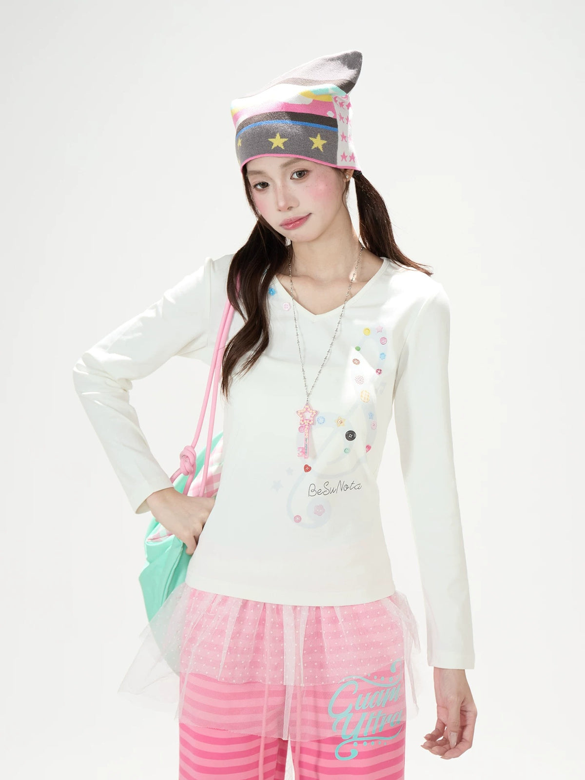Music Note Star Button V-Neck Long Sleeve Top & Pink Stripe Wide-Leg Pants