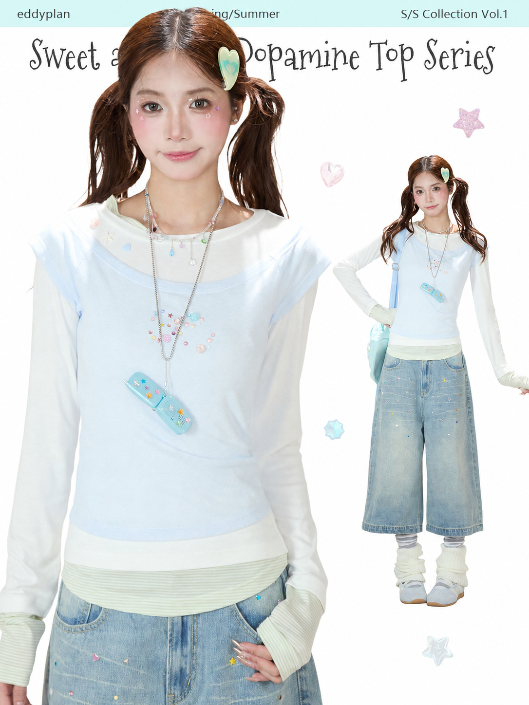 Contrast Faux Three-Layer Long Sleeve Top