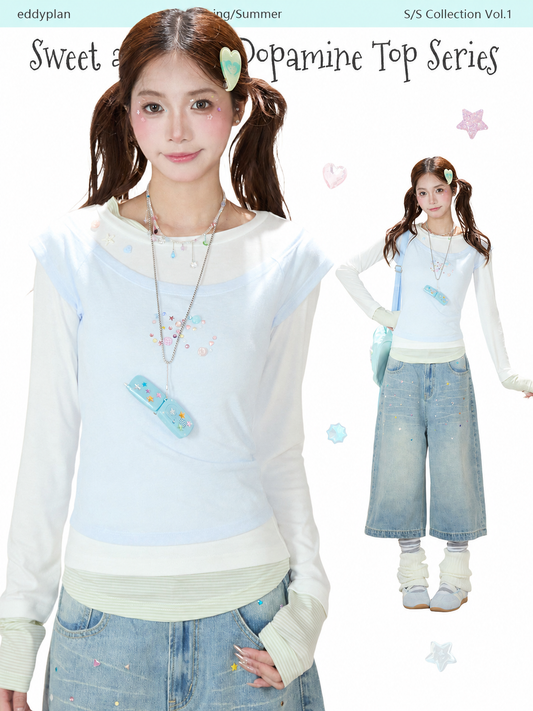 Contrast Faux Three-Layer Long Sleeve Top