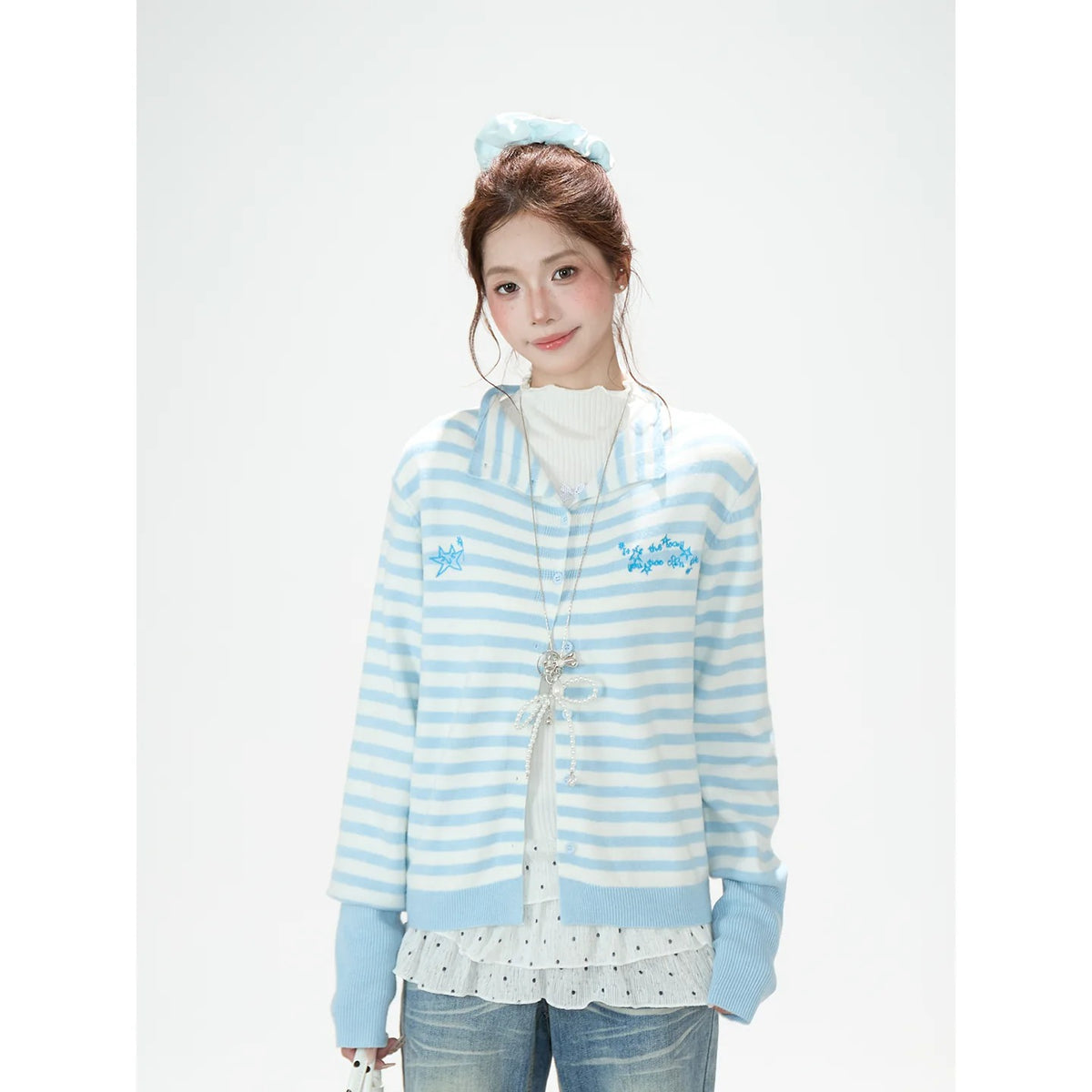 Soft Stripe Embroidered Knit Cardigan
