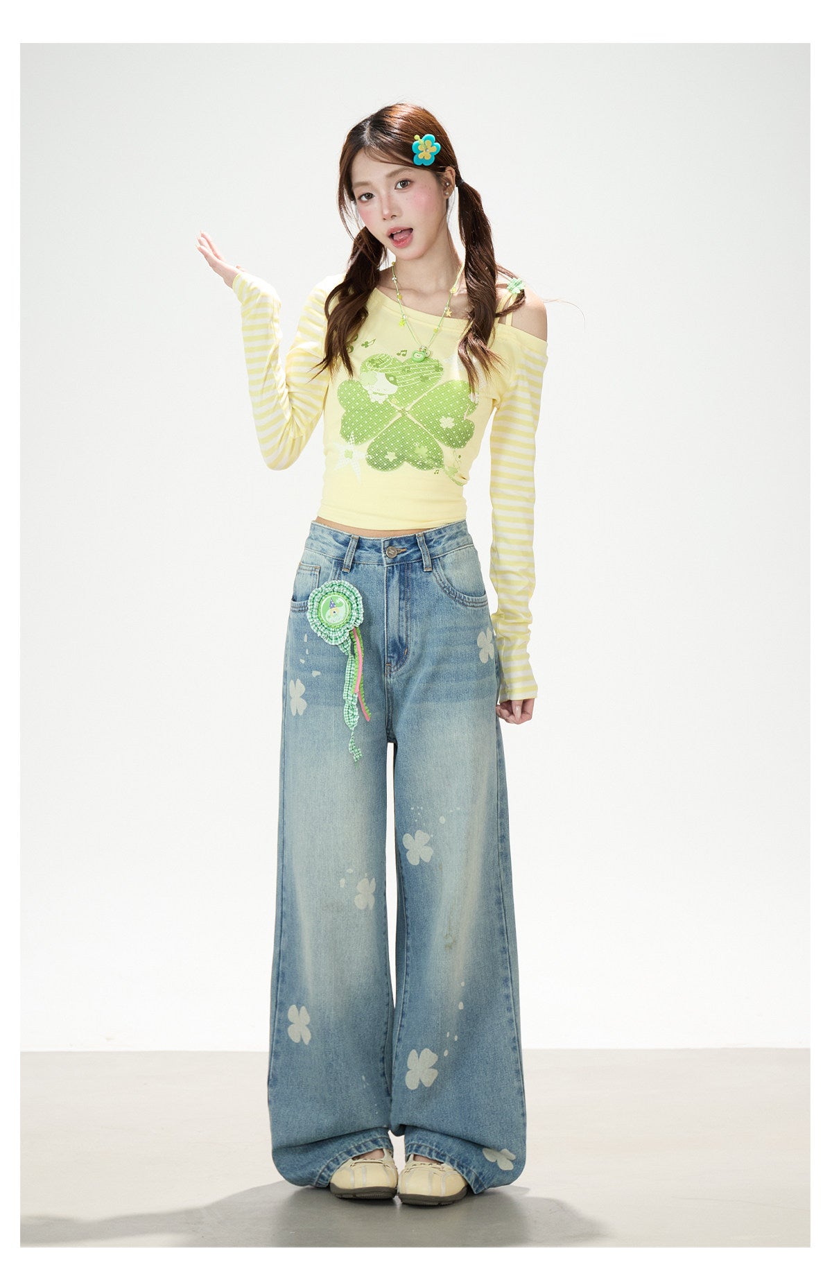 Clover Stripe Off-Shoulder Long Sleeve Top & Star Music Note Wide-Leg Jeans