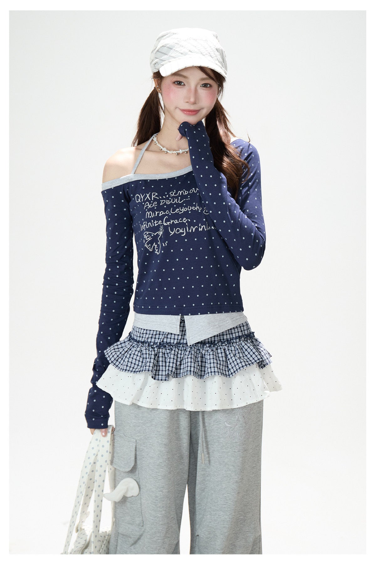 Letter Polka-Dot Off-Shoulder Layered Long Sleeve Top & Cartoon Star Wide-Leg Jeans with Charm