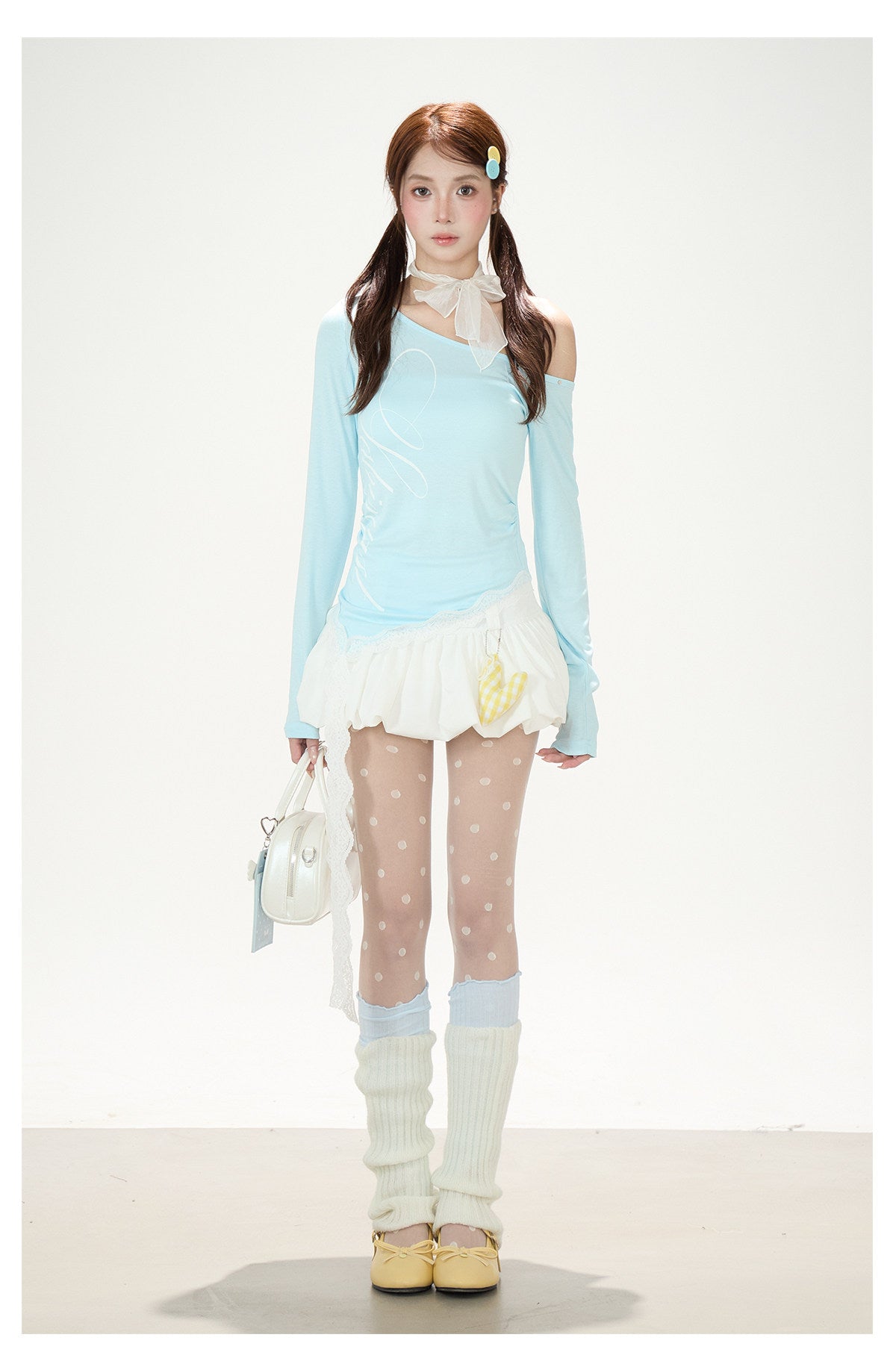 Ballet Ribbon Off-Shoulder Long Sleeve Top & White Ruffle Mini Skirt
