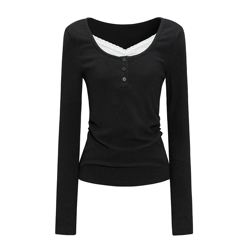 Faux-Layered V-Neck Long Sleeve Top & Ruffle Mini Skirt