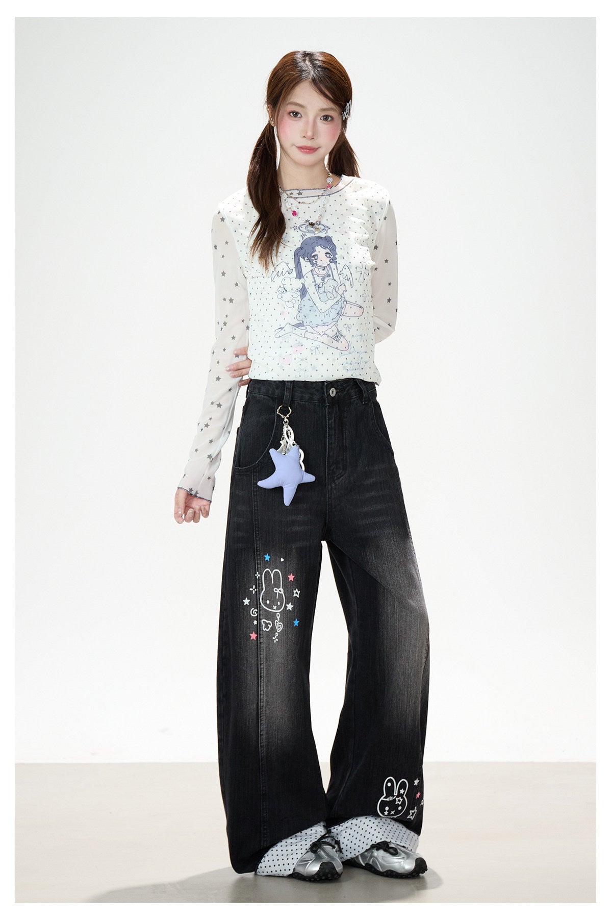 Anime Star Polka-Dot Mesh Long Sleeve Top & Bunny Graphic Wide-Leg Jeans