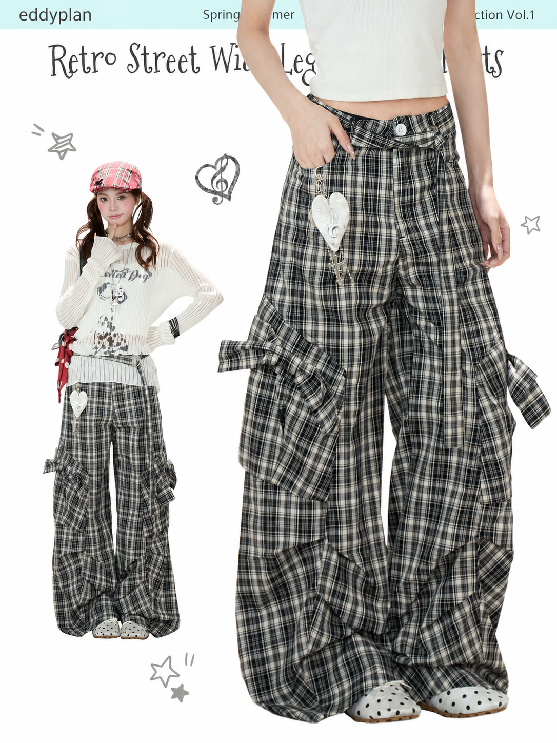 Bow Plaid Cargo Wide Leg Pants