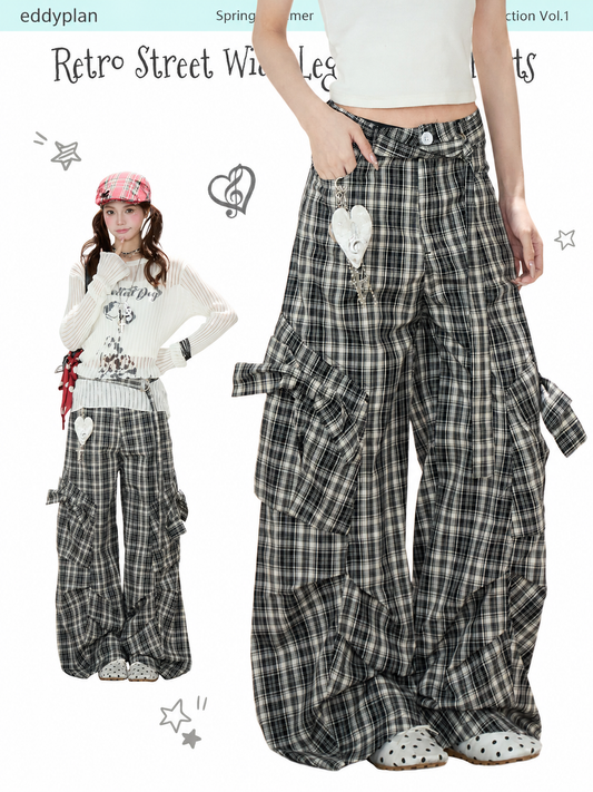 Bow Plaid Cargo Wide Leg Pants