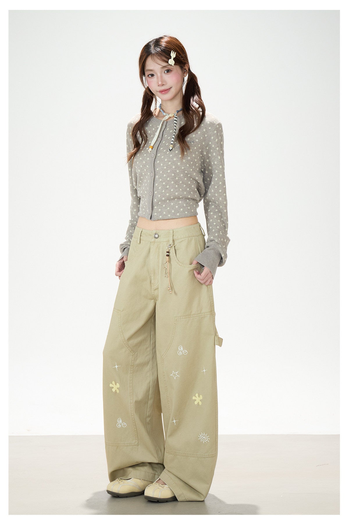 Playful Embroidered Wide-Leg Cargo Pants