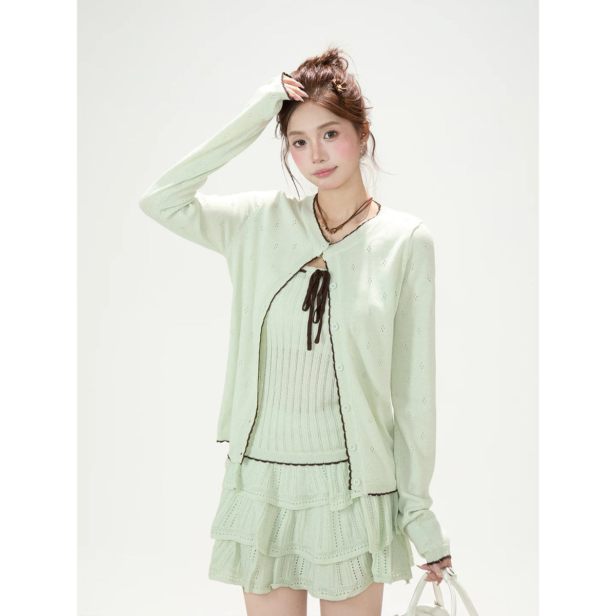 Pointelle Bow Cardigan & Cami Knit Set & Tiered Ruffle Mini Skirt