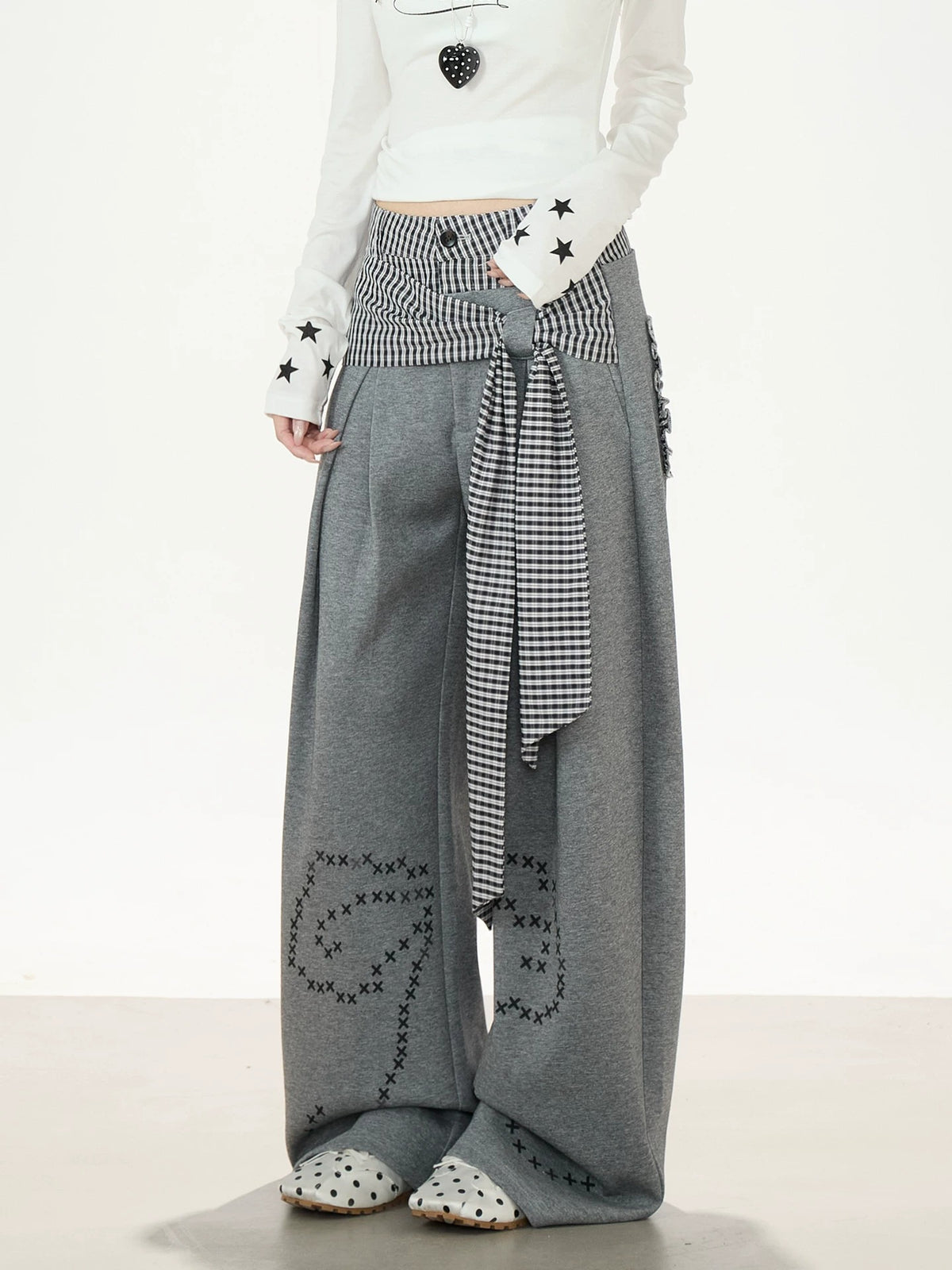 Plaid Tie-Panel Wide-Leg Sweatpants