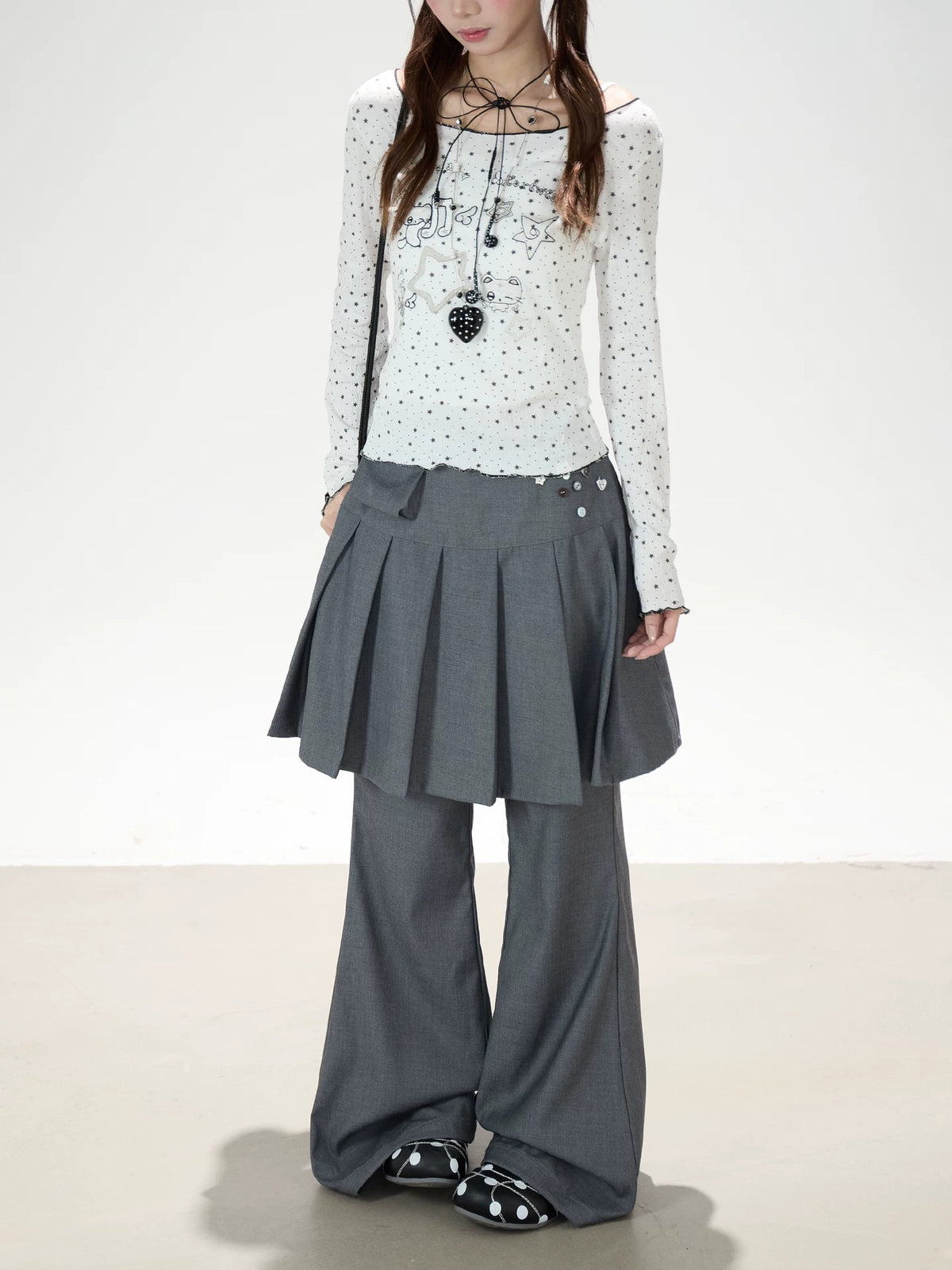 Star Cartoon Fitted Long Sleeve Top & Pleated Skirt-Layer Wide-Leg Pants