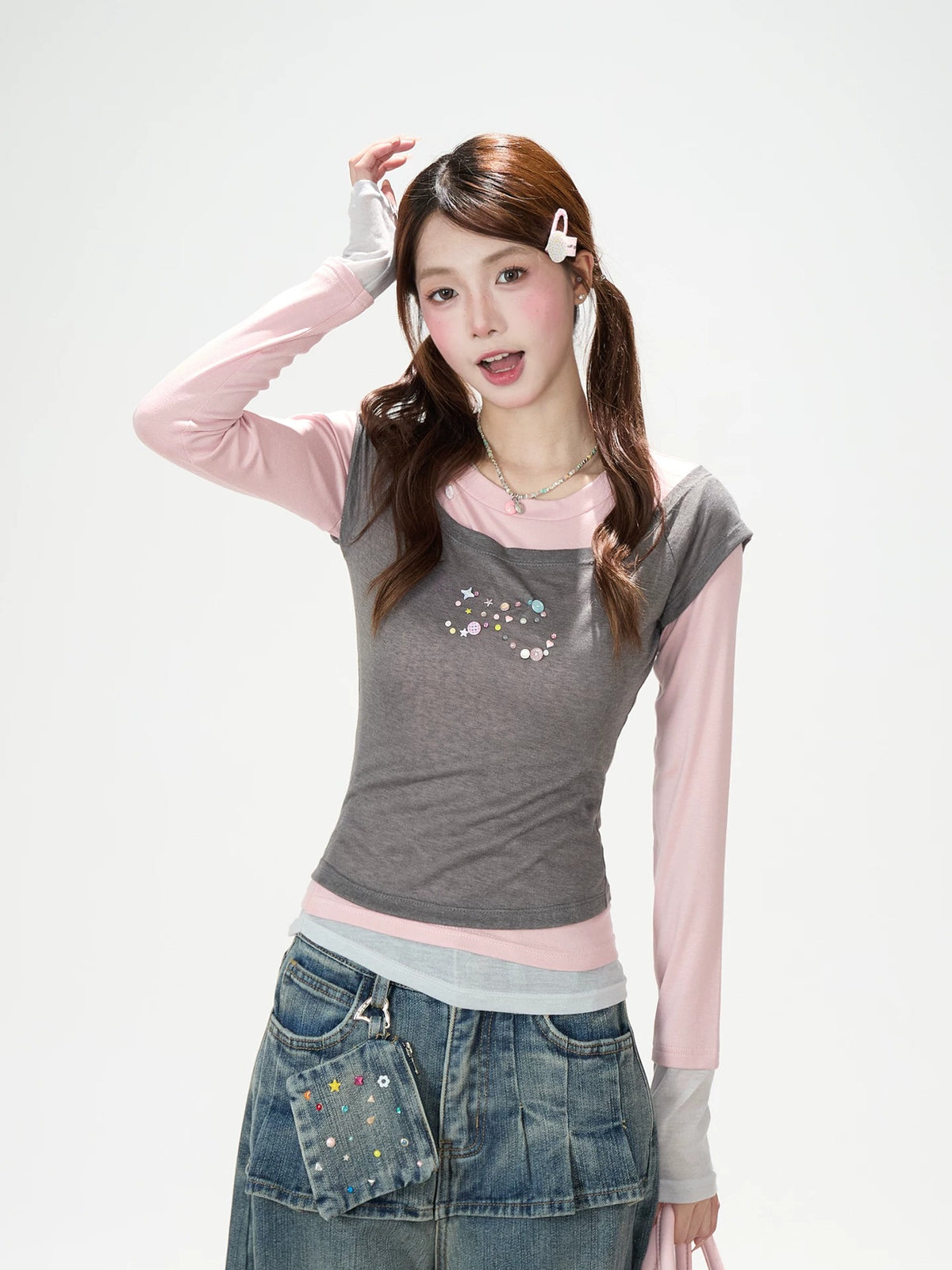Layered Contrast Long Sleeve Top & Washed Wide-Leg Jeans