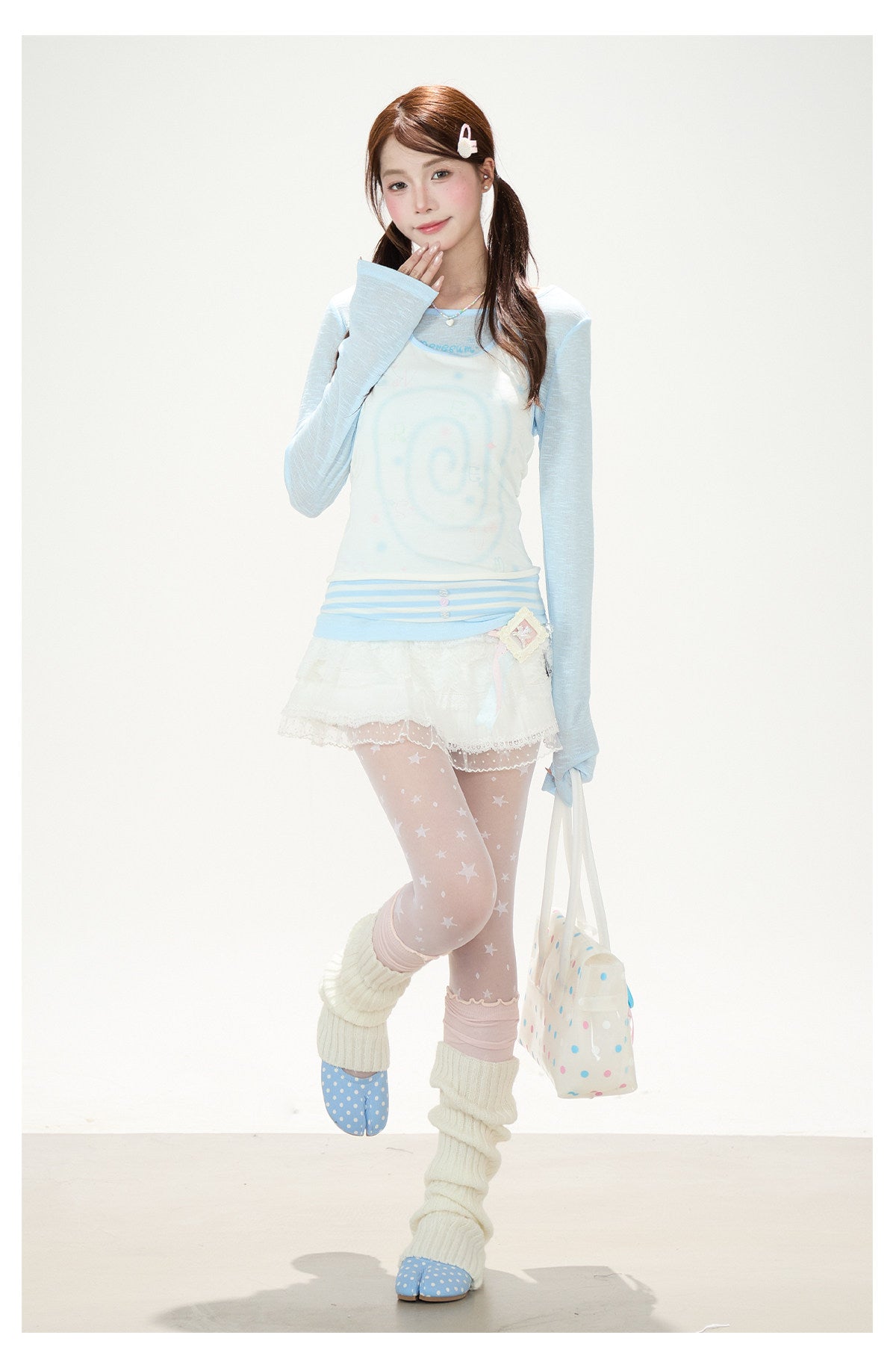 Sheer Blue Long Sleeve & Halter Cami Two-Piece Top Set