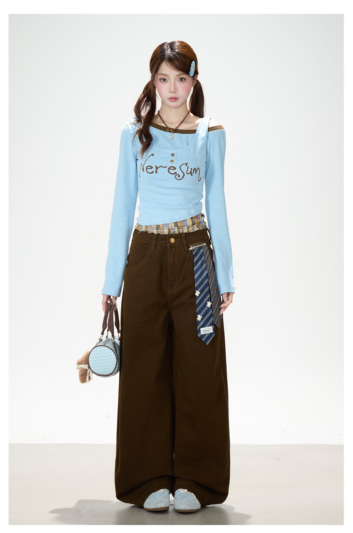 Letter Print Layered Long Sleeve Top & Star Patch Wide-Leg Jeans