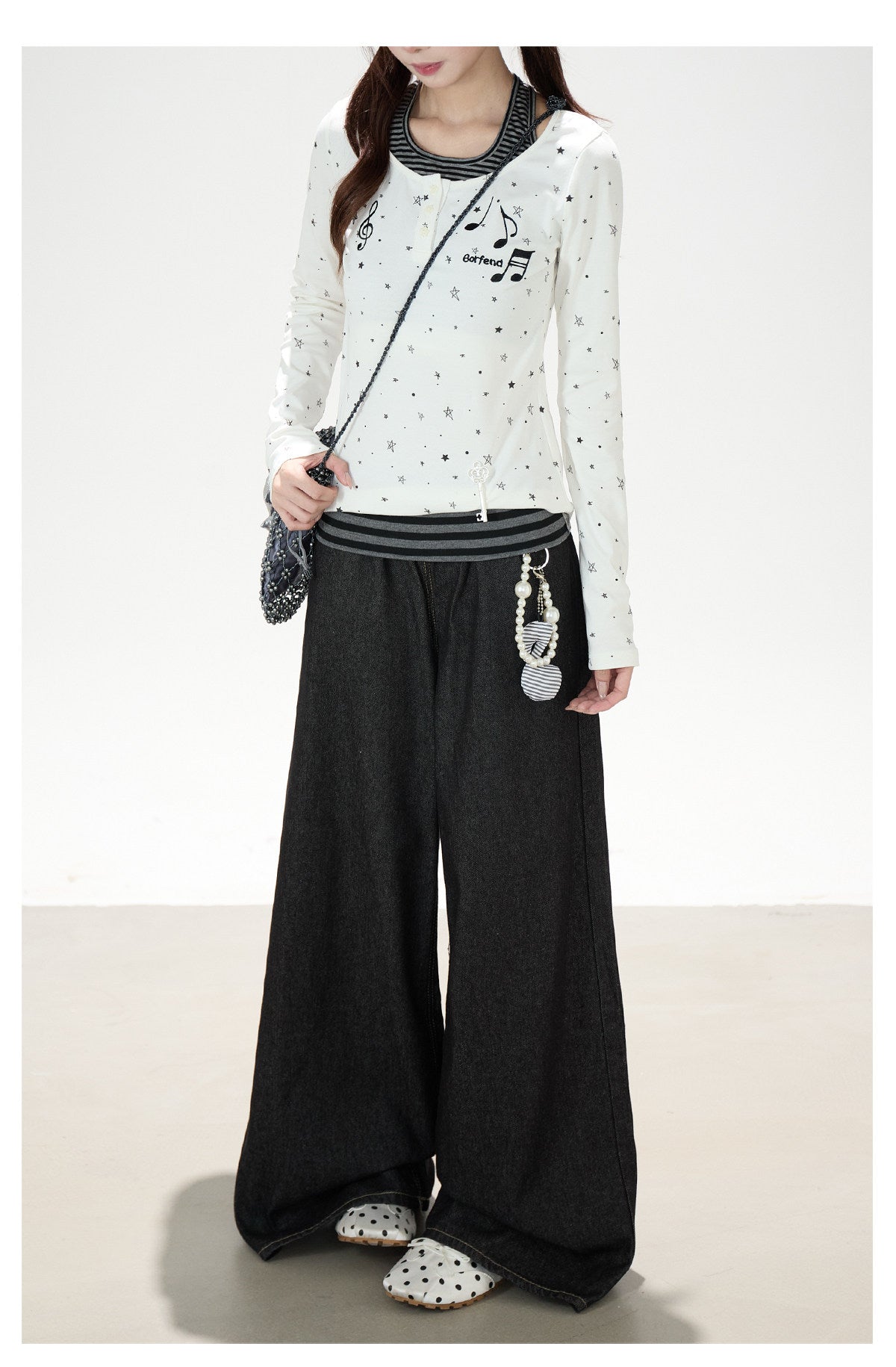 Star Music Note Halter Layered Long Sleeve Top & Black Wide-Leg Pants