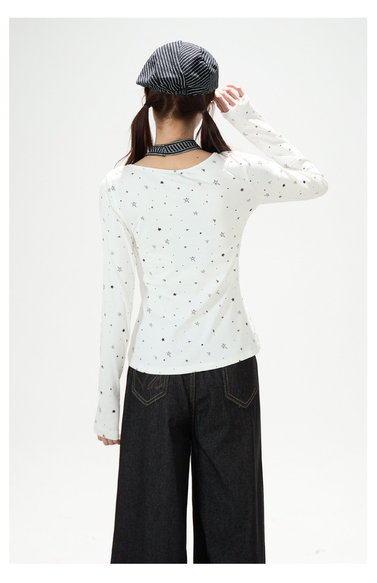 Star Music Note Halter Layered Long Sleeve Top & Black Wide-Leg Pants