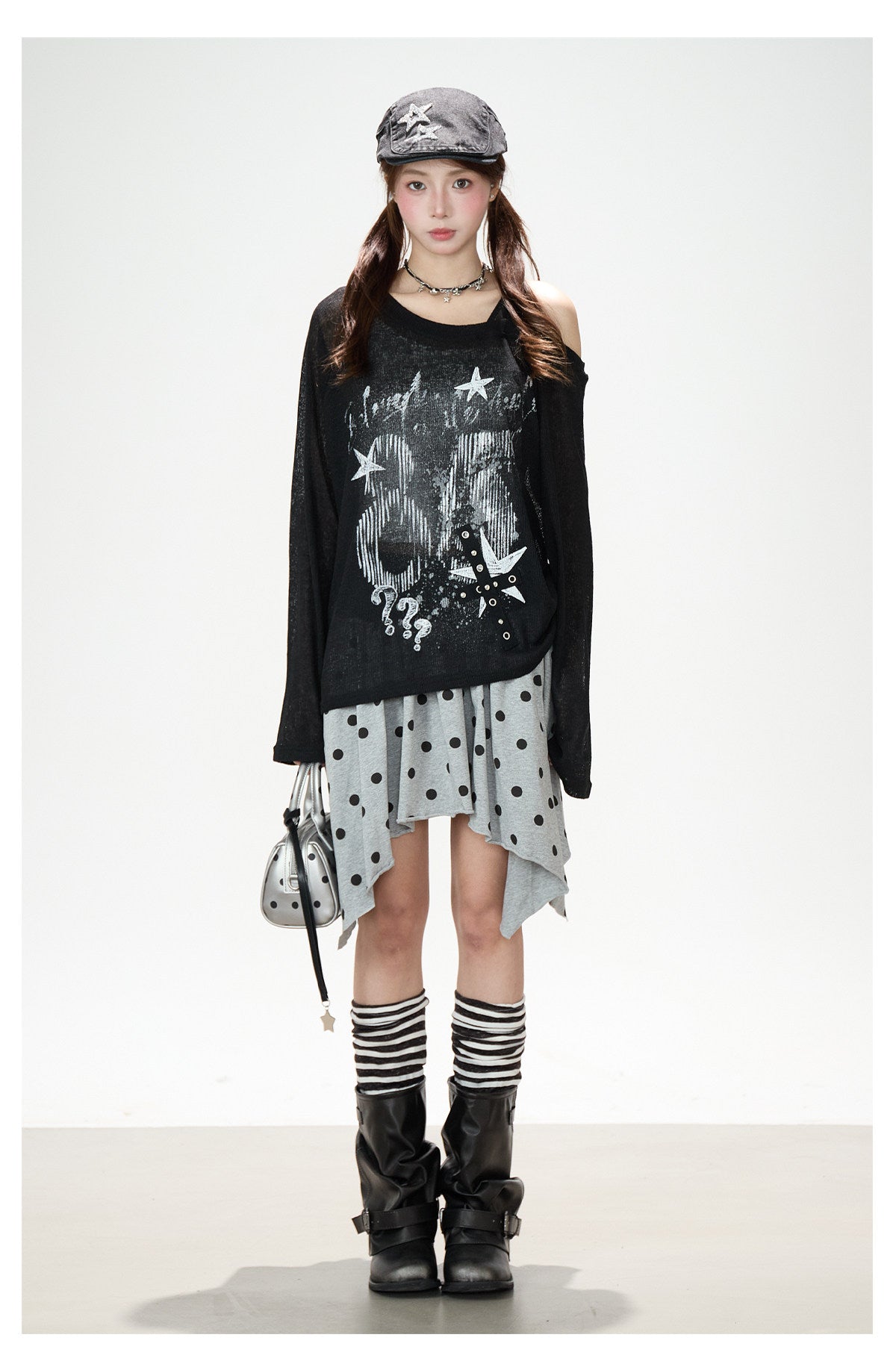 Dark Graffiti Off-Shoulder Long Sleeve Top & Asymmetric Polka-Dot Mini Skirt